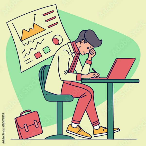 Fototapeta Business man feeling stressed while working on laptop with financial charts in the background