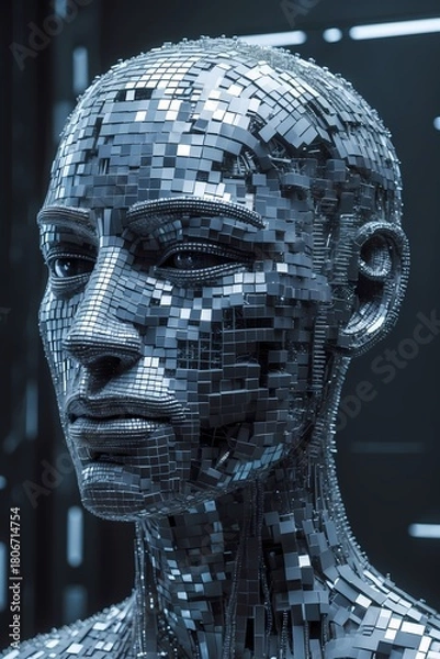 Fototapeta 3D illustration  of an anonymous human head constructed entirely from interconnected Pixels  or fragmented data points. The head appears translucent or holographic set against a dark futuristic backgr