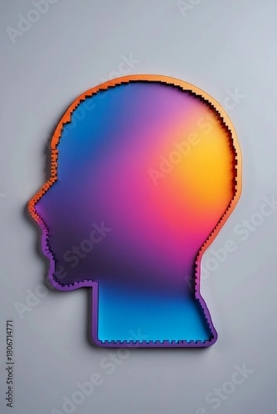 Fototapeta Abstract graphic featuring a head shape (sans visage) where the internal space is filled with a Vibrant Gradient  transitioning from deep purple/blue (calm) to bright orange/yellow (anxiety). The edge