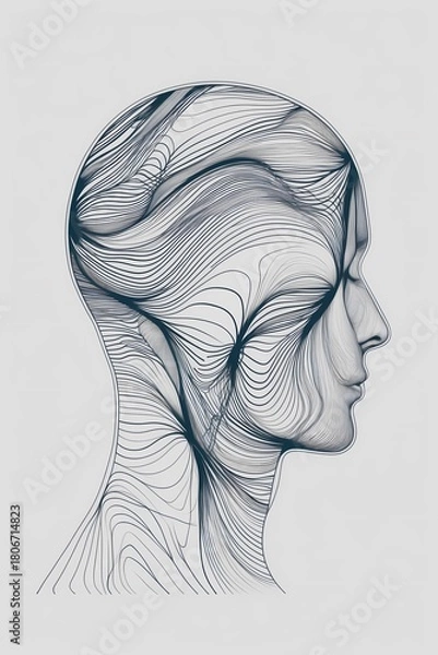 Fototapeta Abstract vector illustration of a head outline filled with tangled lines that gradually become straight and organized near the top representing therapy progress bold minimalism clear negative space.”