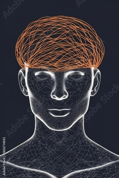 Fototapeta Abstract vector illustration of a head outline filled with tangled lines that gradually become straight and organized near the top representing therapy progress bold minimalism clear negative space.”
