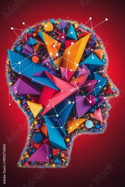 Fototapeta An abstract human head shape (or a lightbulb symbol) filled with a constellation of abstract vibrant colorful geometric shapes and interconnected nodes. The background is a vibrant red to symbolize th