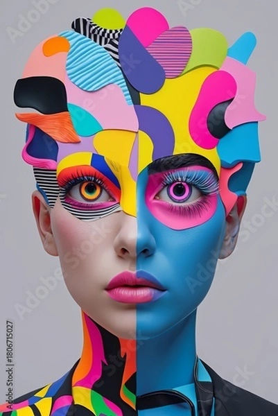 Fototapeta Maximalist illustration  of a Surreal Portrait. The head is a collage of disparate brightly coloured shapes (stripes dots neon textures). Different eyes are rendered in different styles (one geometric
