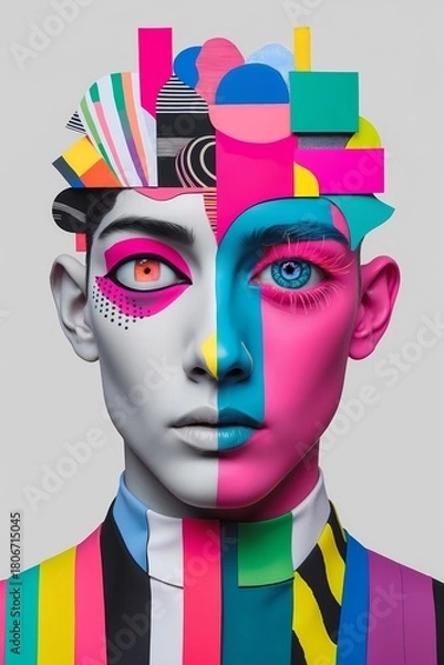 Fototapeta Maximalist illustration  of a Surreal Portrait. The head is a collage of disparate brightly coloured shapes (stripes dots neon textures). Different eyes are rendered in different styles (one geometric