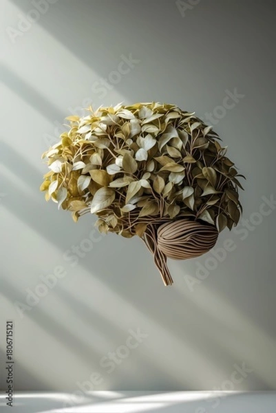 Fototapeta professional photo of a delicate illustration of a brain composed of intricately arranged leaves and slender branches embodying a minimal eco-wellness theme featuring soft earthy textures set against