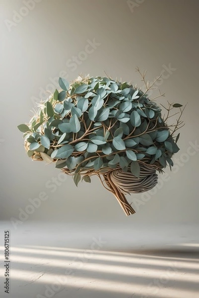 Fototapeta professional photo of a delicate illustration of a brain composed of intricately arranged leaves and slender branches embodying a minimal eco-wellness theme featuring soft earthy textures set against