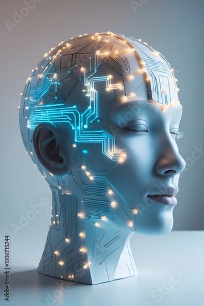 Fototapeta professional photo of a stylized head formed by interconnected geometric shapes with glowing digital circuits subtly fading into soft pastel paint textures conveying conceptual mental wellness featuri