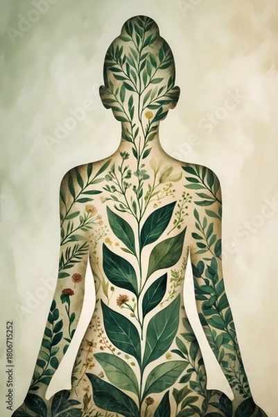 Fototapeta professional photo of a stylized silhouette filled with intricate botanical illustrations of leaves and flowers symbolizing nature-based healing with a clean and natural color palette featuring shades