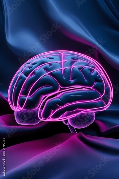 Fototapeta professional photo of Fluo noir aesthetic of a brain outlined by vibrant neon pink lines on a rich deep indigo background with subtle gradient effects symbolizing overthinking with a mesmerizing style