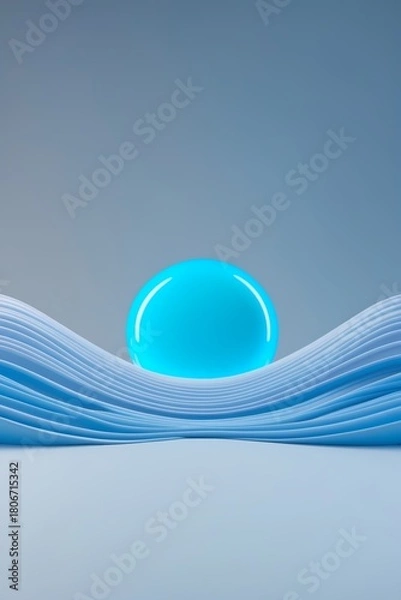 Fototapeta professional photograph of a bold minimal illustration featuring a vibrant glowing blue dot centered above gentle soft wave lines that evoke a sense of emotional stability rendered in strong yet calmi