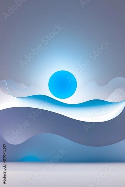 Fototapeta professional photograph of a bold minimal illustration featuring a vibrant glowing blue dot centered above gentle soft wave lines that evoke a sense of emotional stability rendered in strong yet calmi