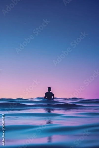 Fototapeta professional photograph of a soft gradient night sky with gentle abstract waves embracing a small solitary figure symbolizing safe rest and serenity featuring a soothing palette of calming blues and p