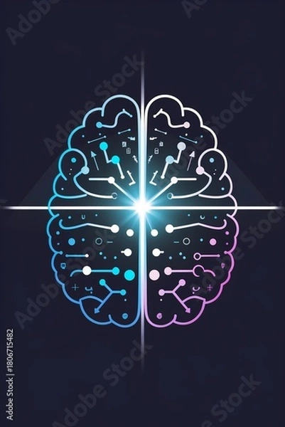 Fototapeta Utilitarian Aesthetic  vector illustration. A simple clean brain icon with a laser beam of focused light passing through the center cutting through the surrounding visual noise (small chaotic icons).