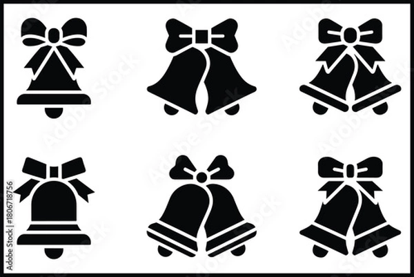 Obraz Christmas bells with bows vector icon set; festive holiday decor isolated on white background, Vector