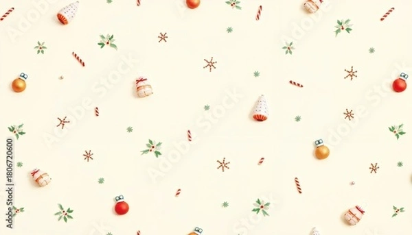 Fototapeta Christmas theme background with ornaments, candies, and snowflakes on light beige backdrop