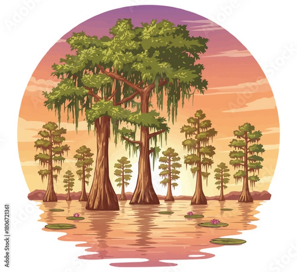 Fototapeta Detailed Cypress Tree in Swamp, Tranquil Bayou Sunset with Mossy Cypress Trees vector illustration
