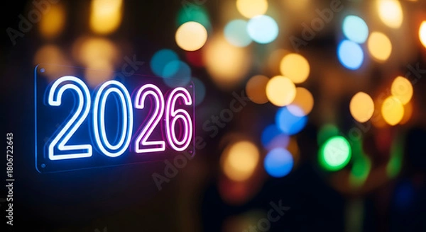 Fototapeta Multi-Colored Neon "2026" Sign with Festive Bokeh Lights.