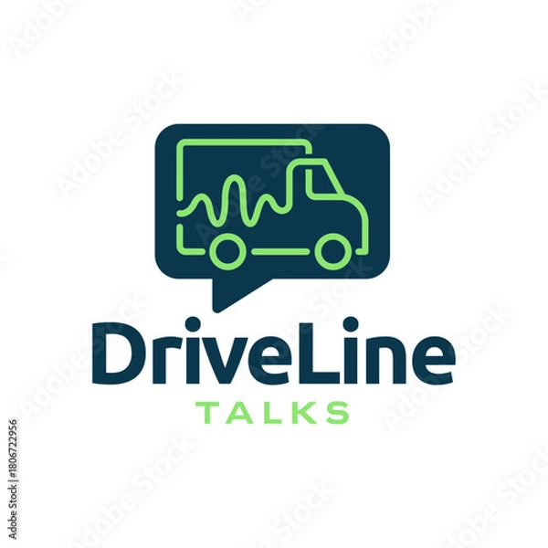 Obraz Modern logo featuring a delivery truck outline inside a chat bubble with dynamic signal lines, ideal for logistics communication brands. Editable Vector File

