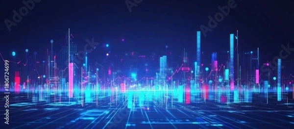 Fototapeta Digital city skyline with vibrant neon lights and data streams concept