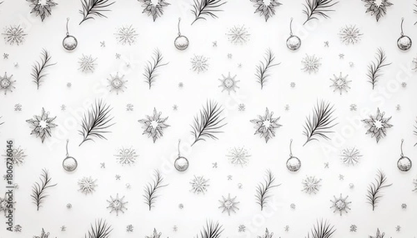 Fototapeta Stylish Christmas background with monochrome ornaments, snowflakes, and pine branches on white backdrop