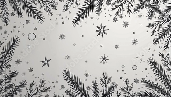 Fototapeta Chic Christmas background with black pine branches and snowflakes on pale gray backdrop