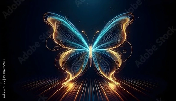 Fototapeta Light Butterfly: Golden Blue Digital Art. AI Generated, Generative AI