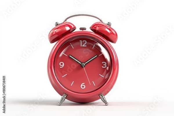 Fototapeta A 3D render of a classic red twin-bell alarm clock, ringing (with motion lines). Isolated on a plain white background with a soft shadow. Time or morning concept.