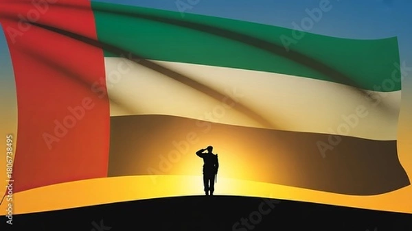 Fototapeta Saluting UAE soldier at sunset with large national flag, silhouette and golden horizon, tribute to heroism