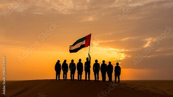 Fototapeta UAE soldiers raising flag at sunset in desert, national unity and honor, Martyr’s Day tribute photograph