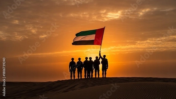 Fototapeta UAE soldiers raising flag at sunset in desert, national unity and honor, Martyr’s Day tribute photograph