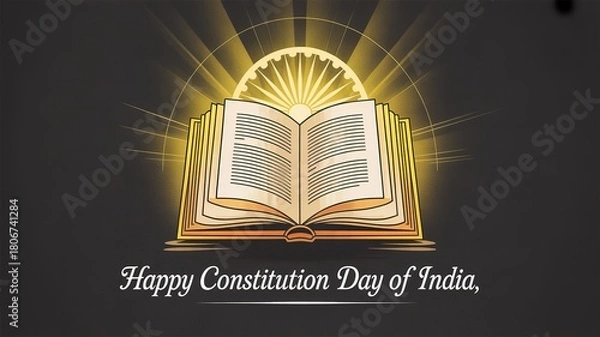 Fototapeta Happy Constitution Day of India – glowing open book, golden Ashoka Chakra rays, black background, message in elegant cursive