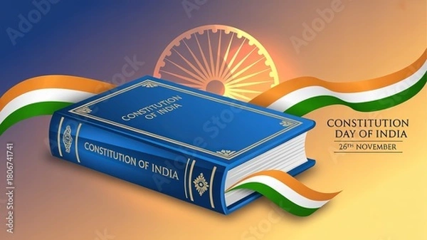 Fototapeta Constitution Day of India – blue book, orange curtains, tricolor ribbon, and Ashoka Chakra celebrating November 26 
