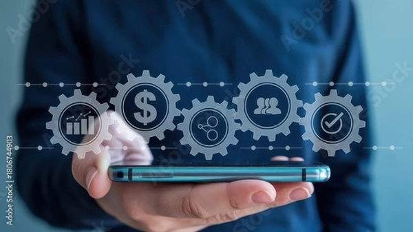 Fototapeta Digital process management interface displayed over a handheld smart device by a professional