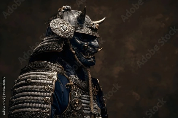 Fototapeta Portrait of Samurai masked Oni Devil wearing samurai armor of various silver-plated metal details, reflecting exquisite craftsmanship, contrast of light and shadow against a dark dusty background