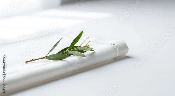Obraz Olive branch placed on rolled cloth napkin on white background  