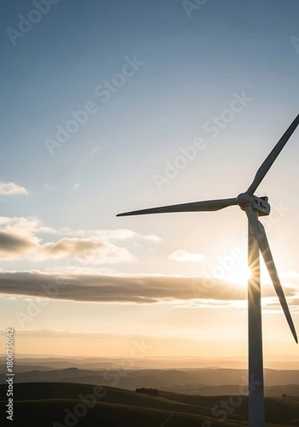 Fototapeta Wind turbine generating renewable energy at sunset in the countryside  