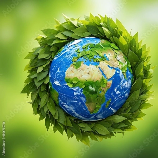 Obraz Earth globe surrounded by green leaves on blurred background  