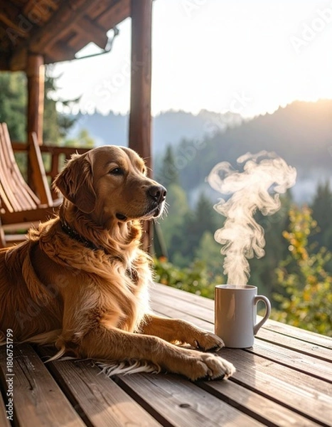 Fototapeta Cozy Cabin Retreat with Golden Retriever and Steam