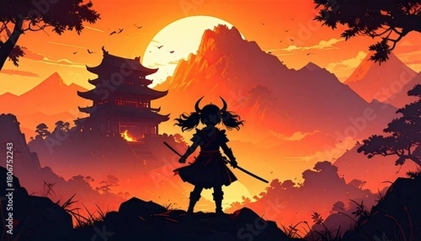 Obraz Mythical Child Warrior Silhouette at Mountain Temple