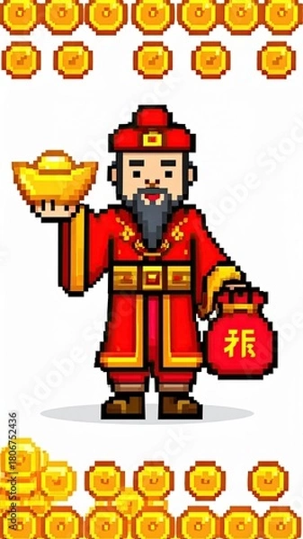 Obraz Retro Pixel Art Character of Wealth Smiling, Pixel wealth god pixel art lucky pixel wealth god character pixel god of wealth illustration pixel wealth god graphic for digital assets 