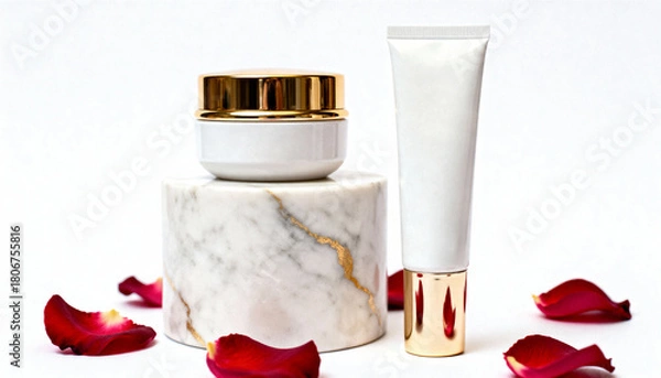 Fototapeta Skincare product mockup composition with white cosmetic jar and tube on a marble pedestal with rose petals on white background, beauty branding minimal product display.