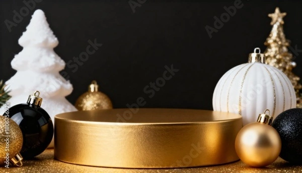 Fototapeta Studio photography Christmas mockup with a golden round platform surrounded by gold, black, and white Christmas ornaments and decorative trees on a black background, luxury holiday product display 