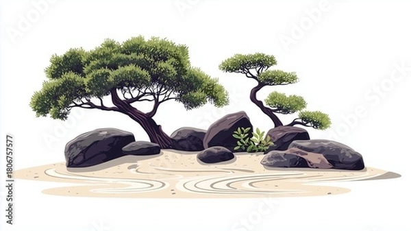 Obraz Zen rock garden with smooth stones, raked sand patterns, and bonsai trees, radiating peace and harmony.