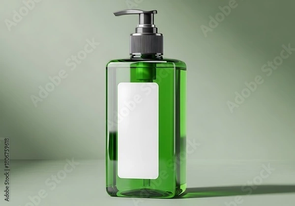 Obraz Elegant green glass dispenser bottle with blank label for skincare or soap products