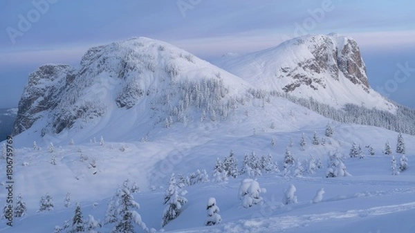 Fototapeta Snow-Kissed Evergreen Trees Stand Tall Before Mountains, Winter's Embrace Captured in Landscape View