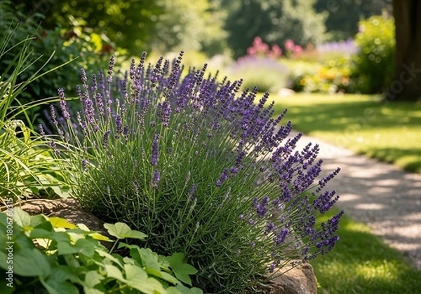 Obraz Vibrant purple lavender blooms line a sun dappled garden path in a lush green landscape