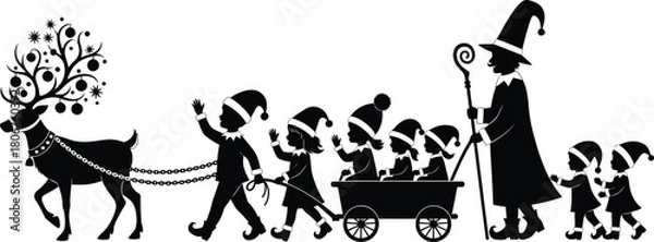 Fototapeta Sinterklaas and zwarte piet parade with reindeer christmas silhouette eps