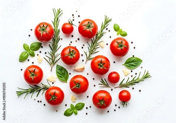 Fototapeta Fresh ripe tomatoes arranged with herbs and spices on a white background