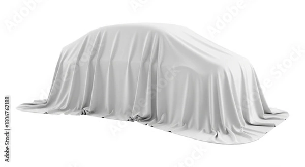 Fototapeta New vehicle covered by white cloth waiting for reveal. cutout on transparent background.