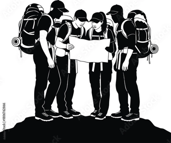 Fototapeta Group of hikers looking at map planning adventure travel backpacking trip eps silhouette